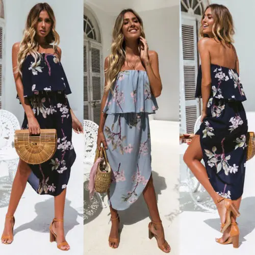 Для женщин леди с плеча Floral Ruffle Maxi платье летних вечеринок Пляжное свободные