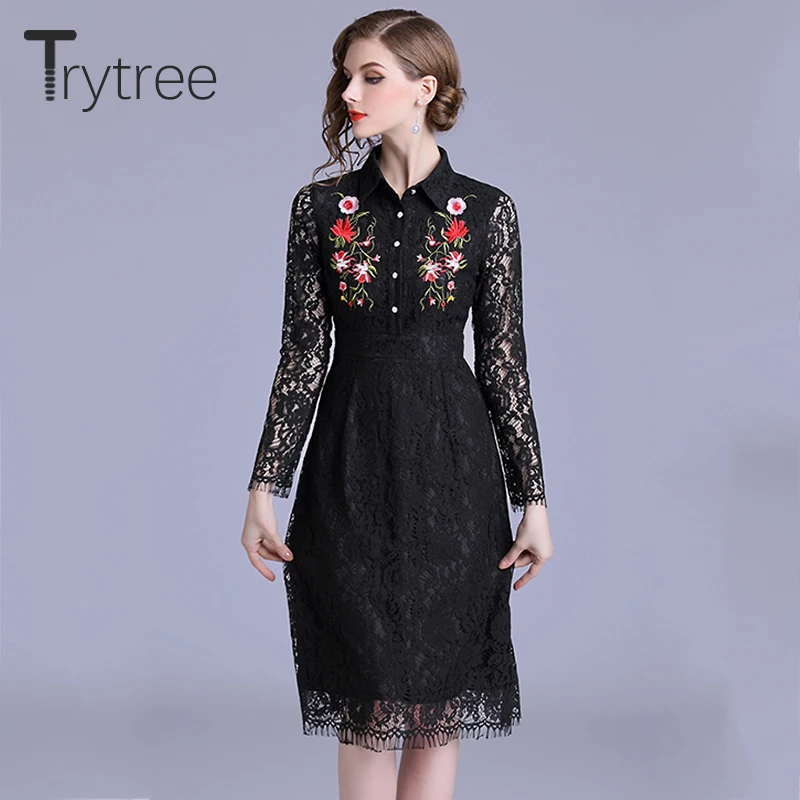 Trytree Лето Осень Повседневная вышивка рубашка платье кружево полиэстер кнопка