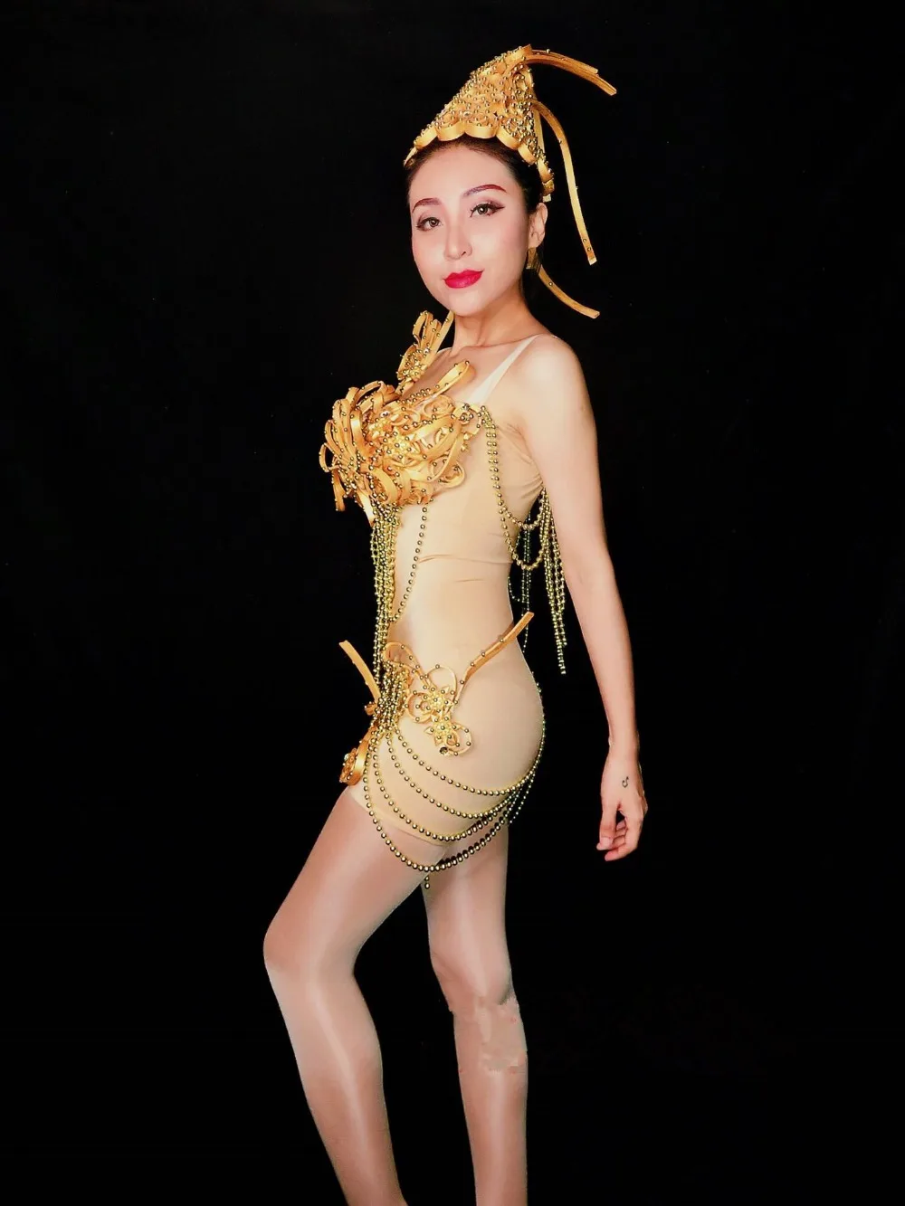 

Sparkly Gold Beading Bodysuit Prom Star Party Model Catwalk Stage Costume Bar Women Singer DJ DS Performance Outfit Slim Catsuit