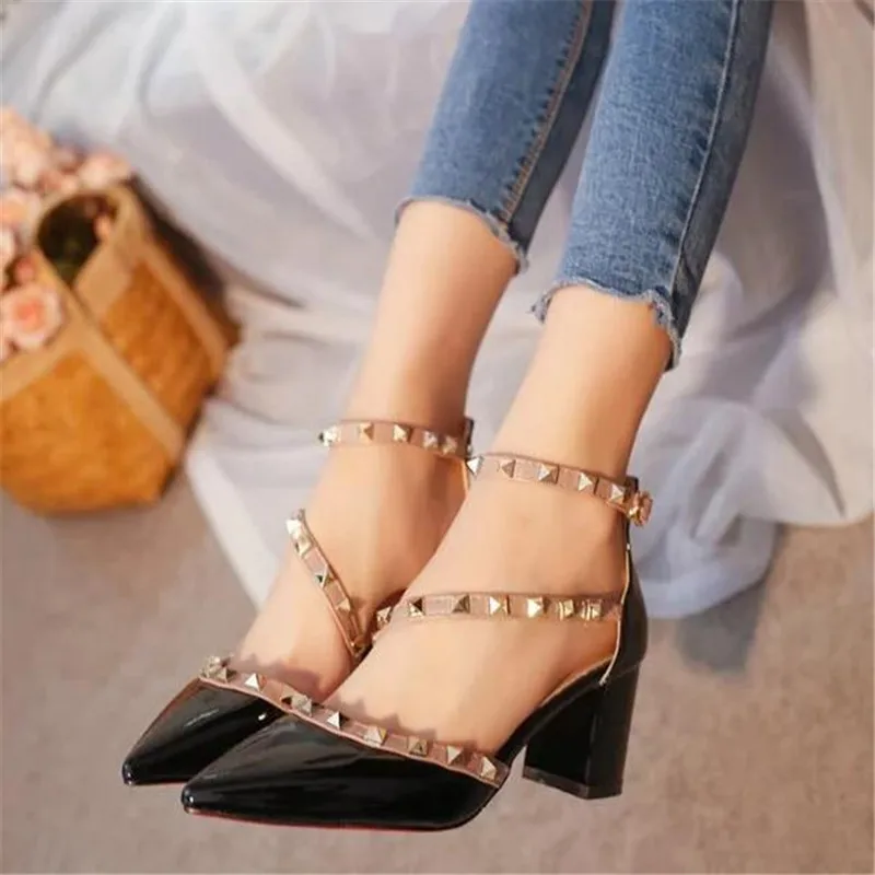 Женская обувь на квадратном каблуке с заклепками лето 2018|rivet high heels|shoes officebrand women