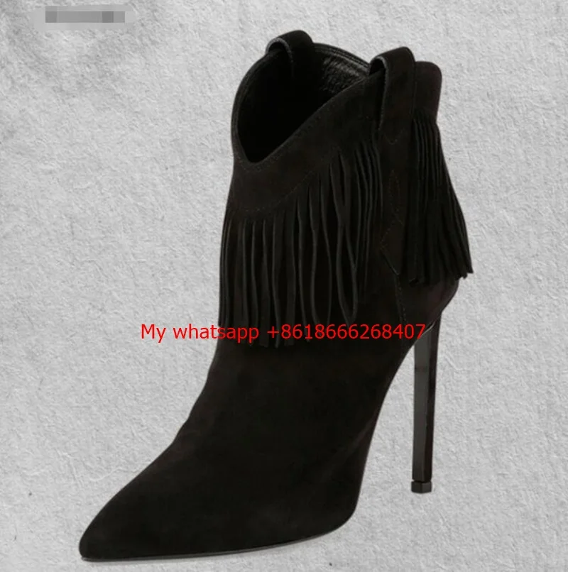 Women Ankle Boots Thin High Heel Lace Up Pointed Toe Women Tassel Fringe Black Ladies Motorcycle Boots Size 34-43