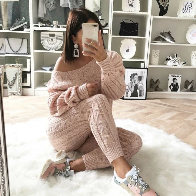 Twist Knitted 2 Piece Set Women Long Sleeve Pullover Sweater + Split Pants Sexy Lady Knitting trousers Suit | Женская одежда