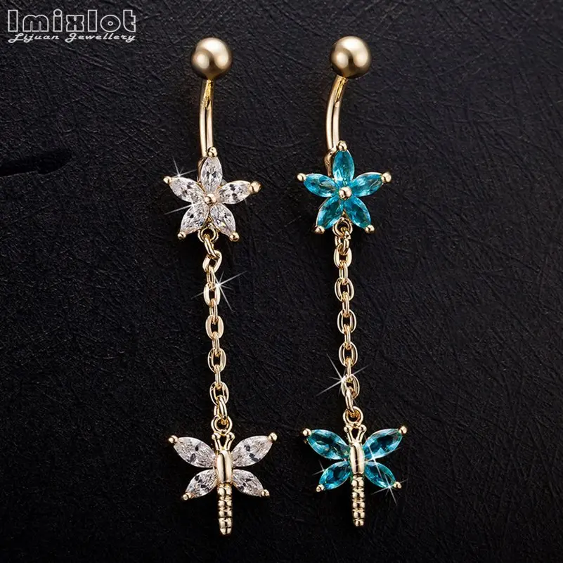 1PC Surgical Steel Dangle Flower AAA CZ Zircon Crystal Navel Bell Button Rings Sexy Piercing Body Jewelry Various Styles | Украшения и