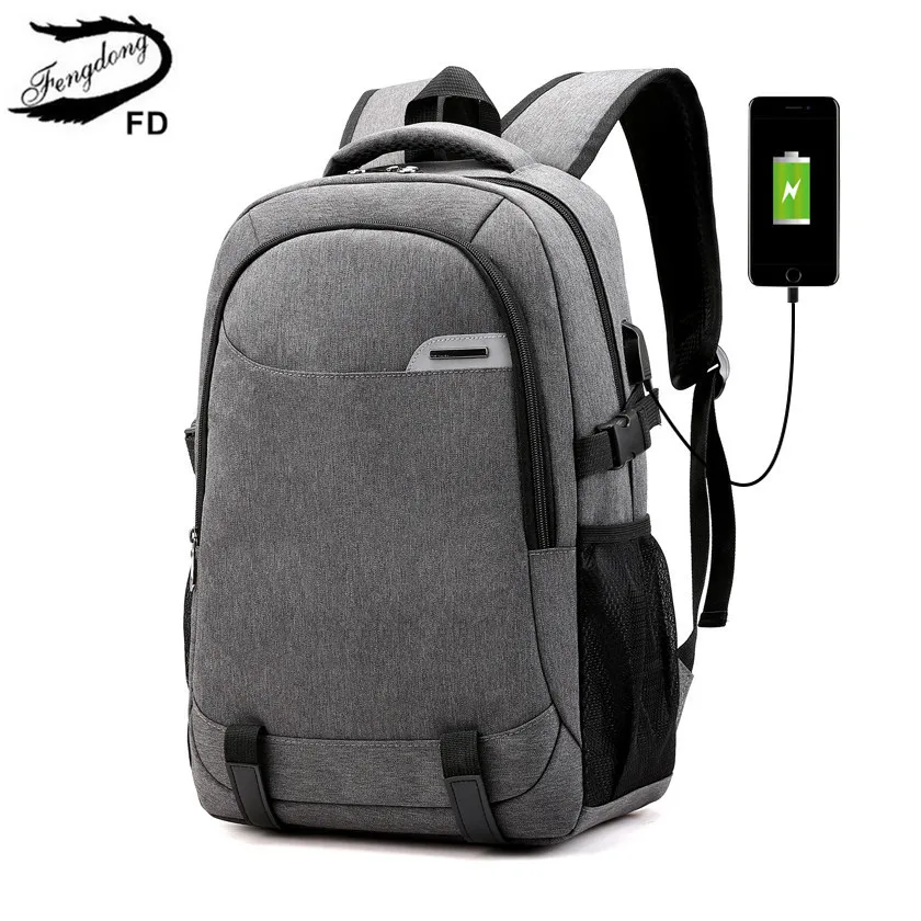 grey Fengdong, школьный рюкзак для мальчика, usb сумка для мальчика-подростка, водонепроницаемый большой дорожный рюкзак с багажным ремнем, Мужская школьная сумка - Цвет: grey