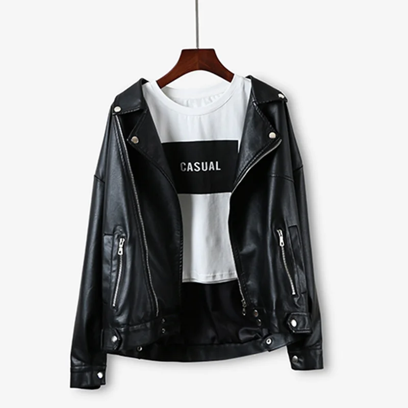 Осенне-весенняя черная кожаная куртка с отложным воротником тонкая женская из