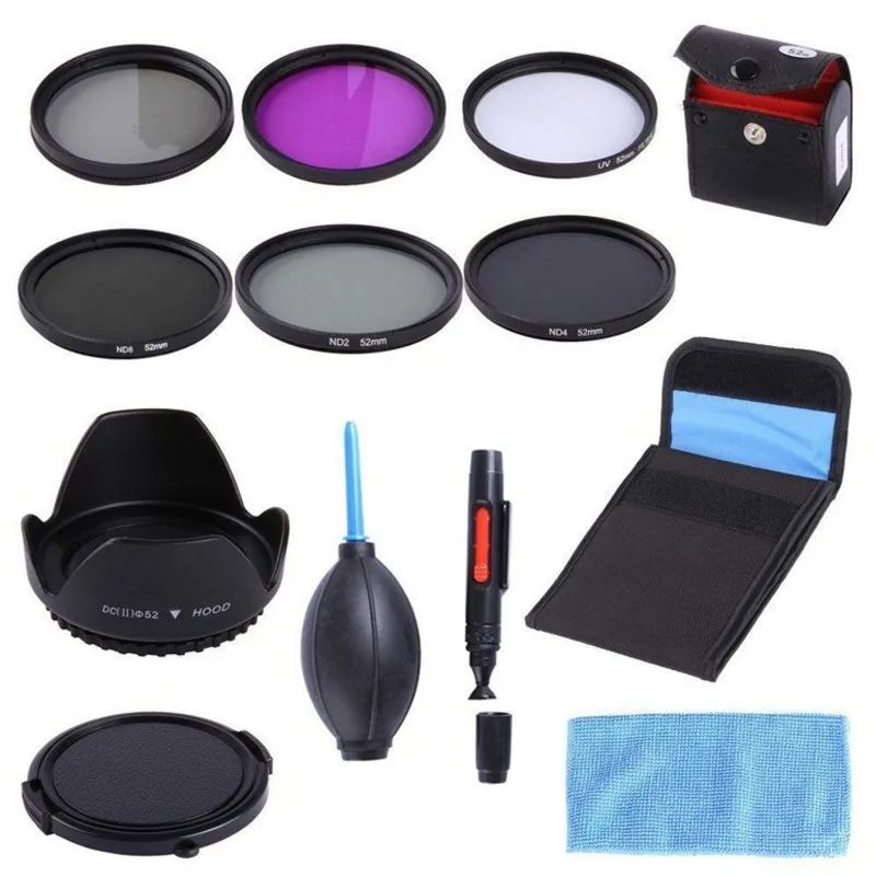 

52MM UV CPL FLD ND 2 4 8 ND Filter Kit + Lens Hood + Lens Cap + 3 in 1 lens Cleaning kit + Filter case For DSLR Camera Lens