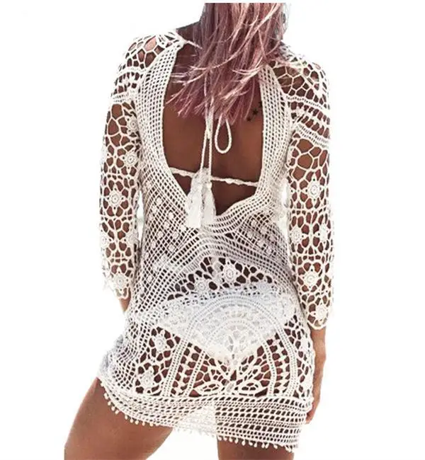 

Summer Lace Dress Backless Hollow Out Beach Sun-Proof Cover-ups Loose Women Solid dresses