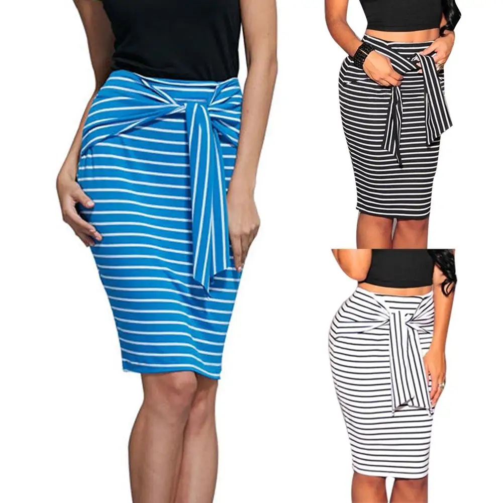 

New Fashion Multi Size Summer Striped Midi Skirts Womens Front Lace up Pencil Elastic Waist Package Hip Skirt