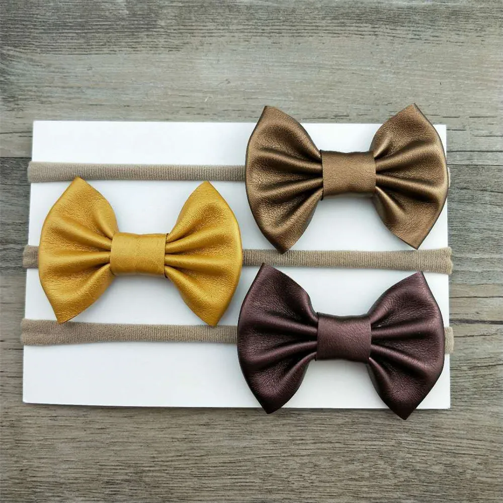 Милый кожаный бант из нейлона для девочек Bebe повязка на голову с супер мягкой