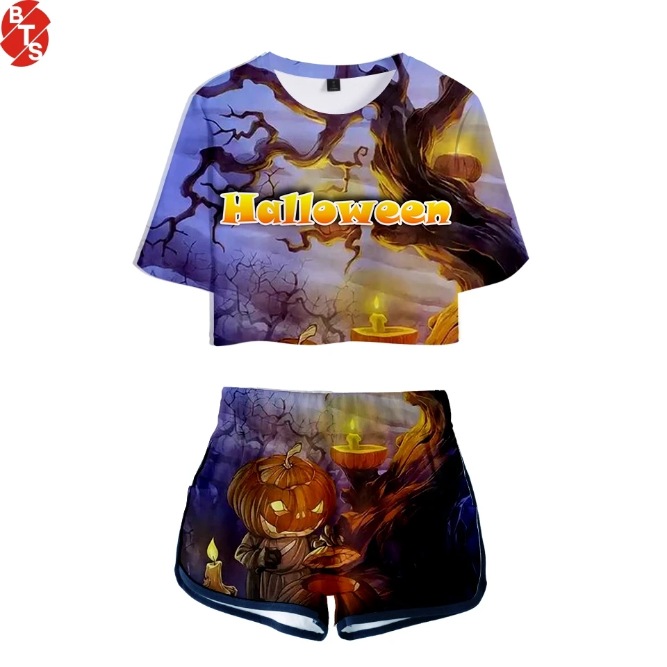 

Женский летний комплект из двух предметов с принтом тыквы на Хэллоуин, Модный укороченный топ с короткими рукавами и 3D-принтом + шорты, Повсе...