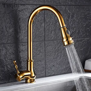 Бесплатная доставка, три цвета: золотойчерныйхром, вытяжной кухонный кран из твердой латуни, поворотный вытяжной распылитель, смеситель для раковины, кран для воды