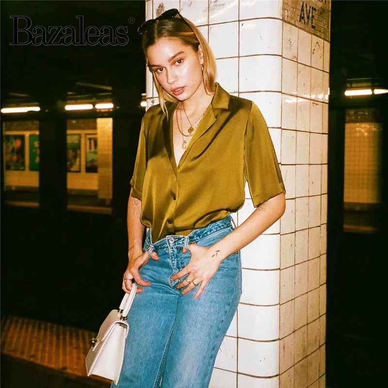 Bazaleas винтажная отложная блуза mujer de moda 2019 Модная шелковая атласная Блуза feminina