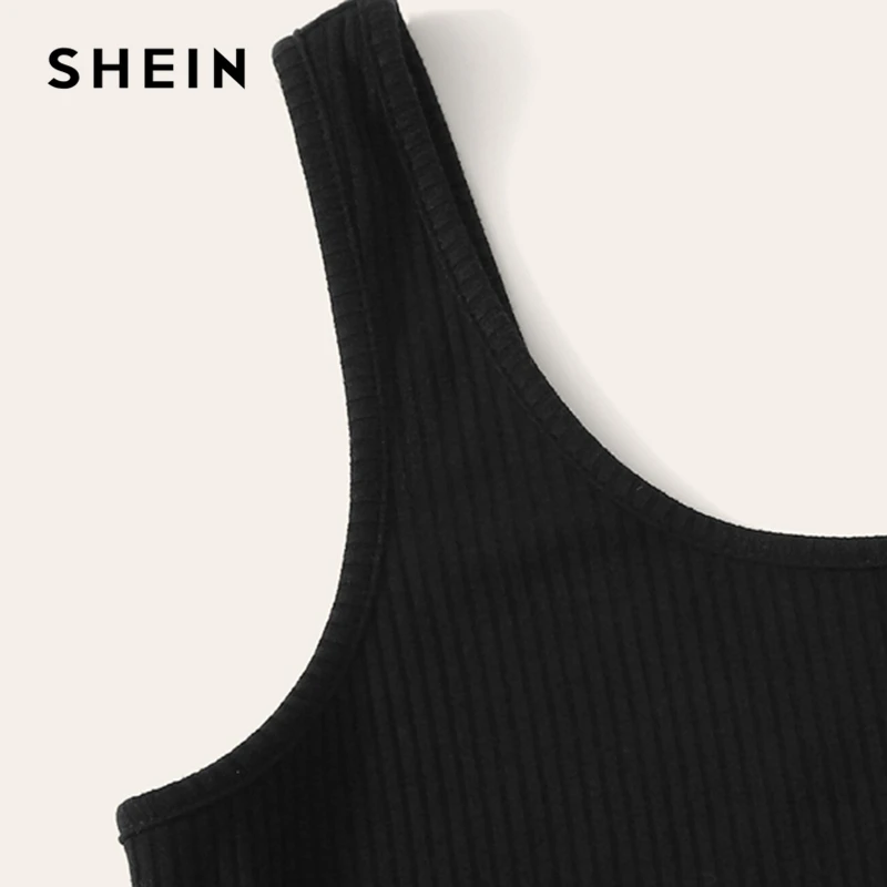 SHEIN черный однотонный ребристый вязаный на пуговицах спереди Повседневный купальник для бассейна для женщин Лето Без Рукавов облегающие джинсы до пояса Laies боди