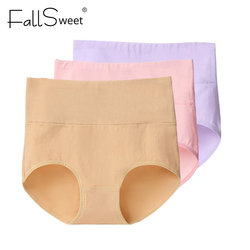 Женские утягивающие трусики FallSweet, однотонные хлопчатобумажные трусики больших размеров с высокой талией, нижнее белье для похудения, 3 шт. / упак - Цвет: BeigePinkPurple