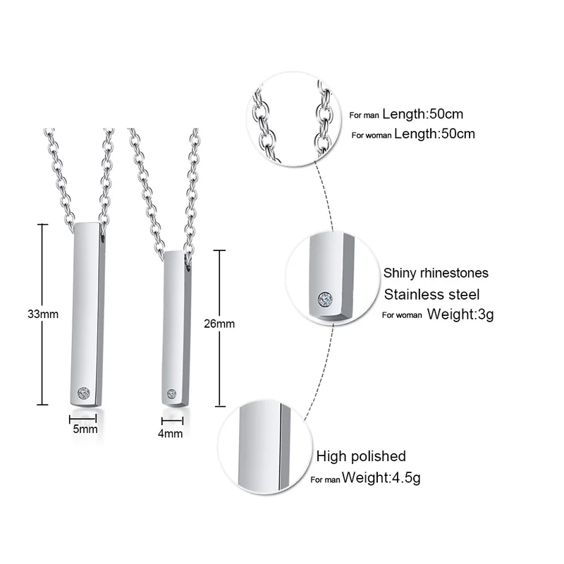 Индивидуальные гравировка Пара Ожерелье для женщин мужчин ID тег бар кулон