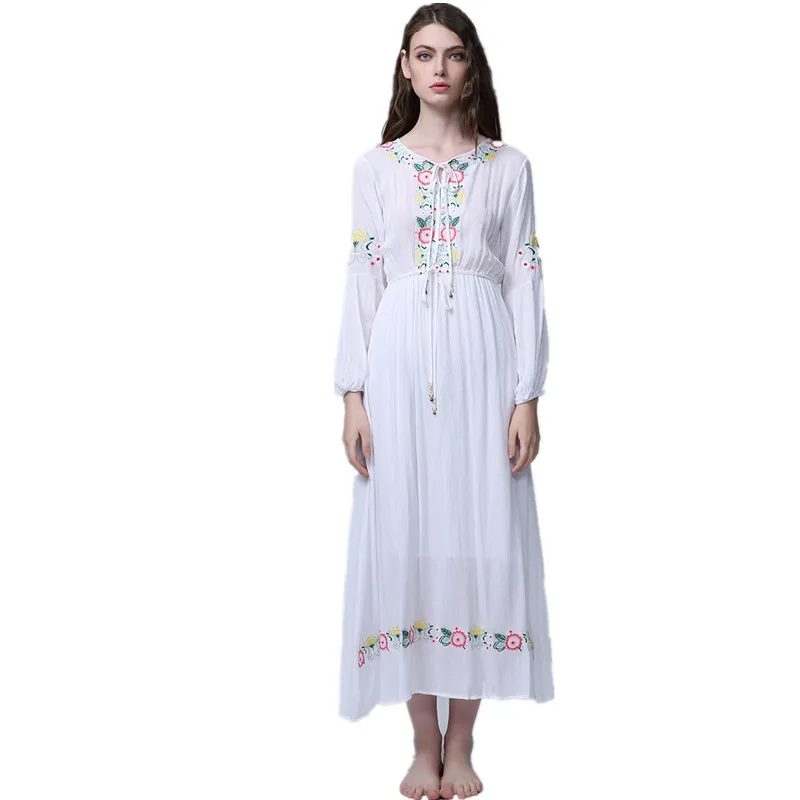 

JSXDHK Summer White Cotton Embroidery Boho Long Dress 2021 Runway Women Floral Long Sleeve Holiday Slim O Neck Beach Maxi Dress