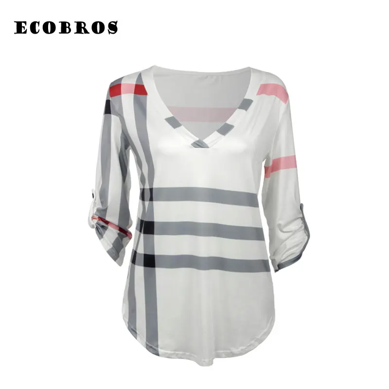 ECOBROS 2017 Новая Женщина Лето Футболка Мода Свободные V-образным Вырезом плед печать