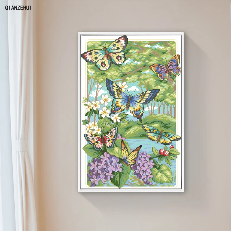 QIANZEHUI Needlework DIY Butterflies fly in the forest Cross stitch Sets For Embroidery kits Cross-Stitching Wall Home Decro | Дом и сад