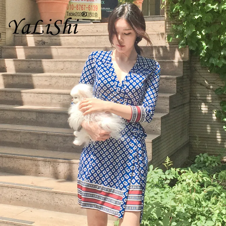 

2022 Summer Women Dress Blue Print V-Neck Half Sleeve Bandage Bodycon Dress Casual Beach Dress Female Vestidos Sexy Sundresses