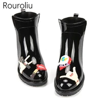 rouroliu women fashion casual rainboots slip on waterproof water shoes wellies ankle cartoon rain boots woman rt311