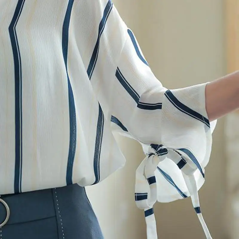 Wankou Рубашка в полоску Для женщин Англия Стиль v-образным вырезом Flare рукавом три