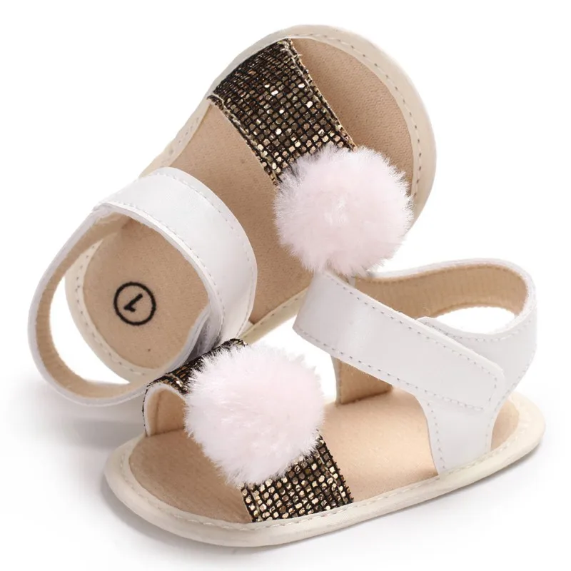 Infant Girls Sequins PU Sandals Baby Fur Ball Newborn Crib Shoes Soft Sole baby sandals | Мать и ребенок