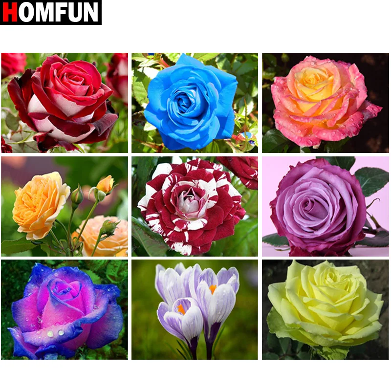 

HOMFUN 5D Diy Diamond Painting Cross Stitch "Colored rose flower" Home Decor Full Rhinestones Inlay Diamond Embroidery