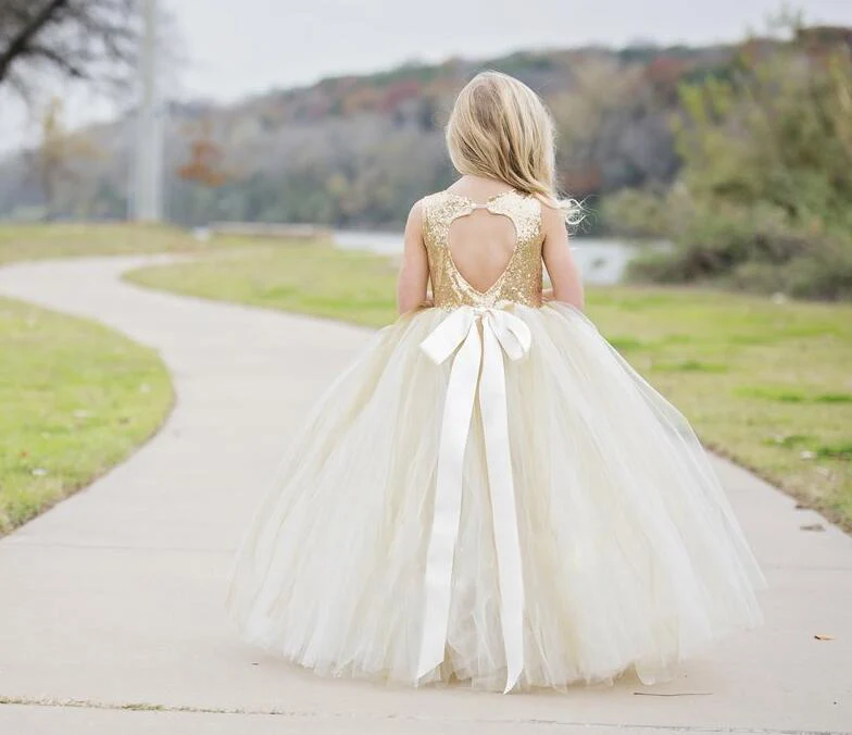 Puffy Flower Girls Dresses Ivory Champagne tulle bling Gold Sequins Top keyhole back baby Ball Gown long tutu dress for wedding | Детская