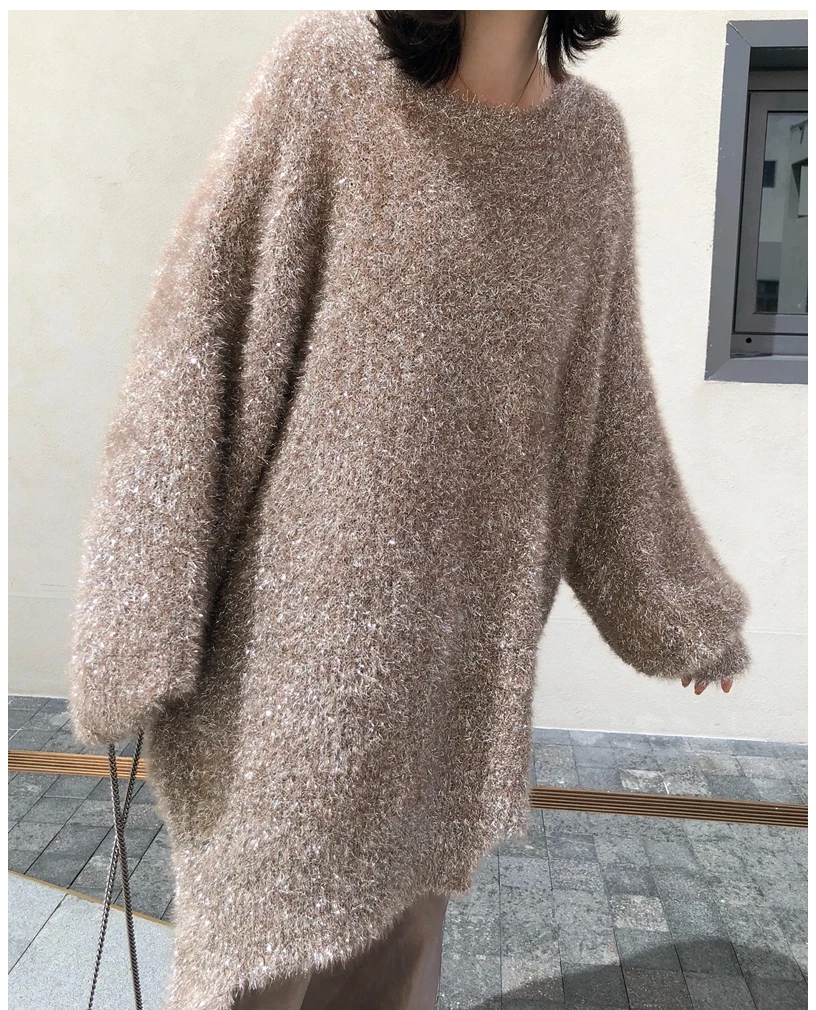 Cakucool 2020 Sweater Women Pull Femme Asymmetric Design Shiny Silver Lurex Christmas Korean Oversize Mid Long Jumpers | Женская одежда