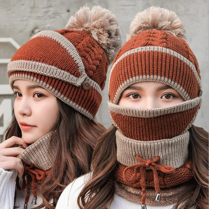 New High quality Women Thickened Winter Knitted Warm Skiing Cycling Hiking Caps Multi Functional Thermal Hats Scarf Mask Set | Спорт и