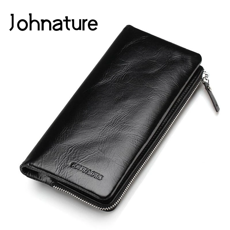 

Johnature 2021 New Genuine Leather Casual Hasp Solid Day Clutches Long Standard Wallets Men Multi-card Position Coin Purse