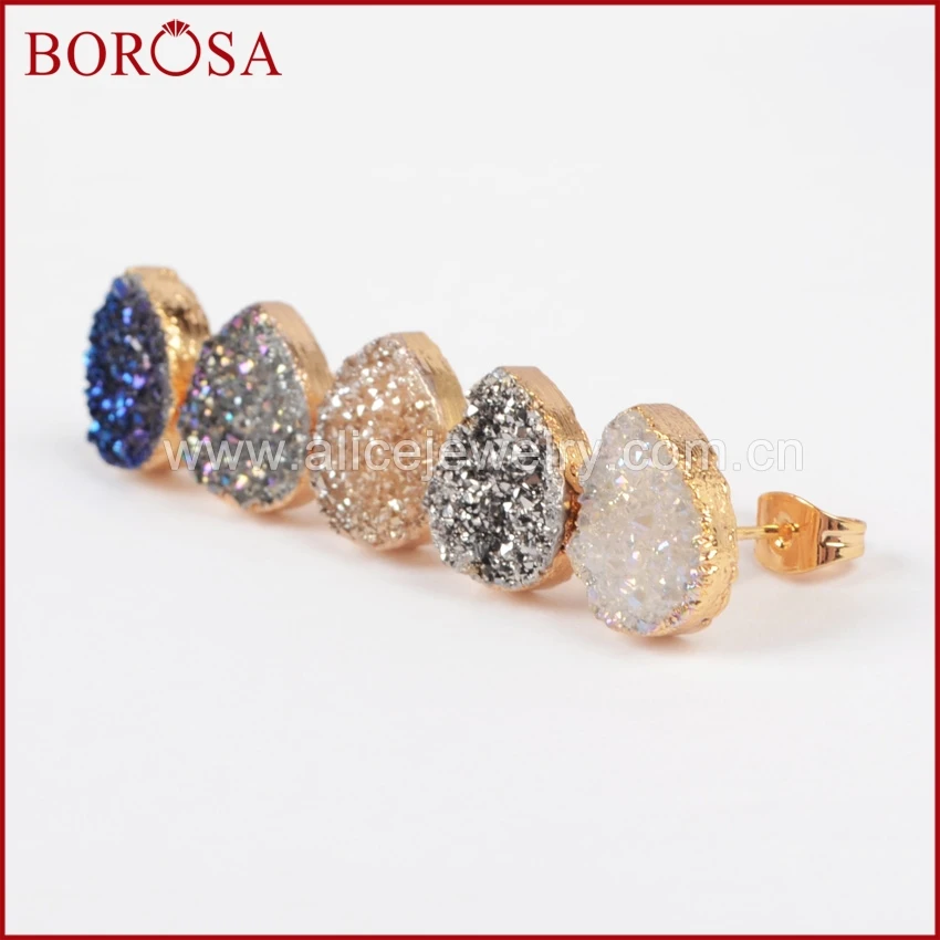Модные серьги гвоздики BOROSA с каплевидными натуральными кристаллами 1 пара