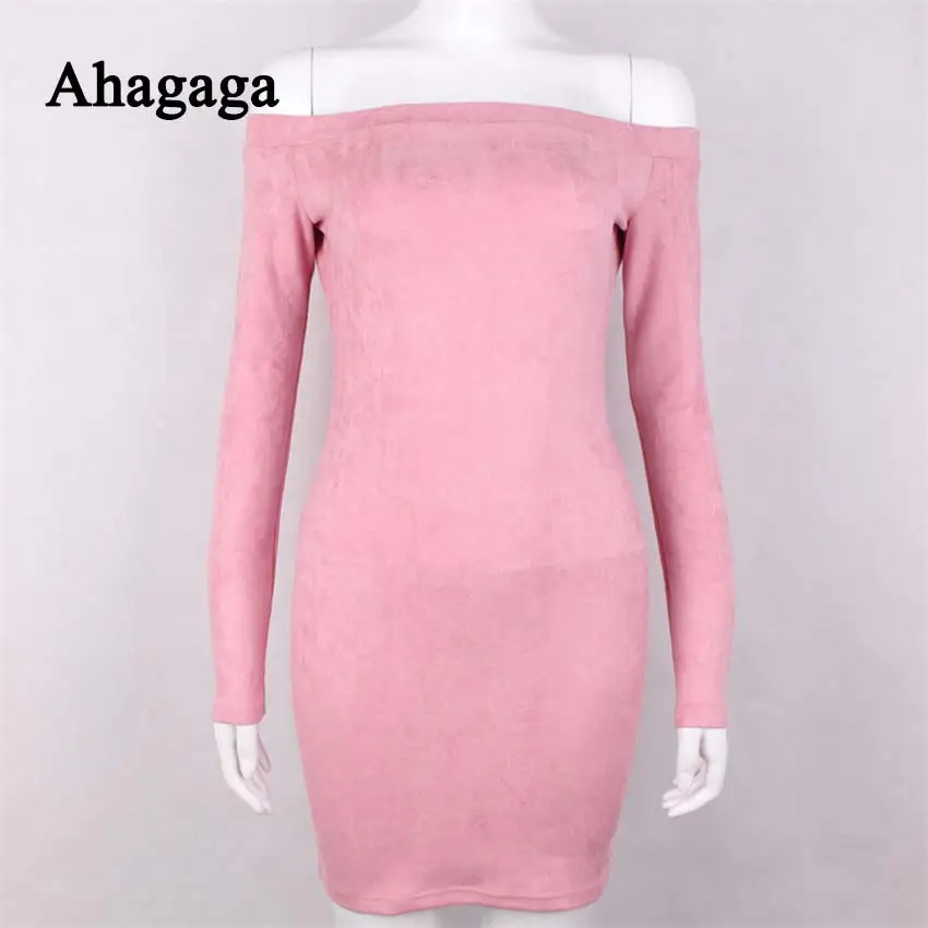 Ahagaga 2019 Summer Dress Women Fashion Solid 3-Colors Slash Neck Long Sleeve Sexy Club Party Sheath Slim Dresses | Женская одежда