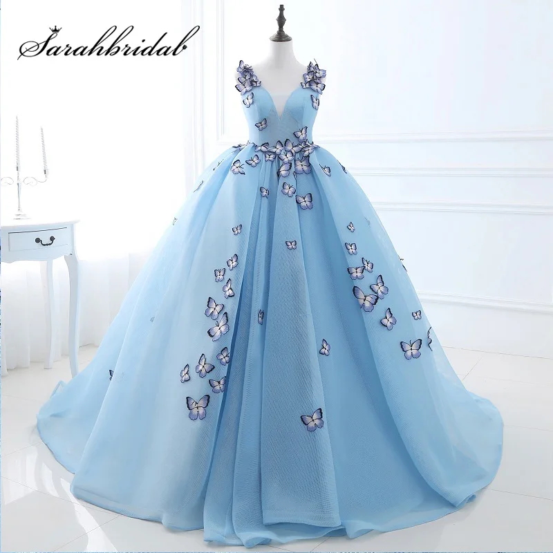 

New Arrival 2021 Sky Blue Ball Gowns Quinceanera Dresses Long Butterfly Appliques Tulle V Neck Sweet 16 Party Real Photo SQS071