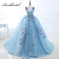 new arrival 2021 sky blue ball gowns quinceanera dresses long butterfly appliques tulle v neck sweet 16 party real photo sqs071