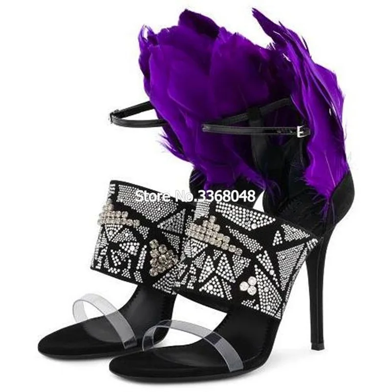 

2019 Newest Shinny Crystal Heeled Women Fashion Purple Feather Sandals Strap Woman Party Stiletto Black Suede Leather Shoes