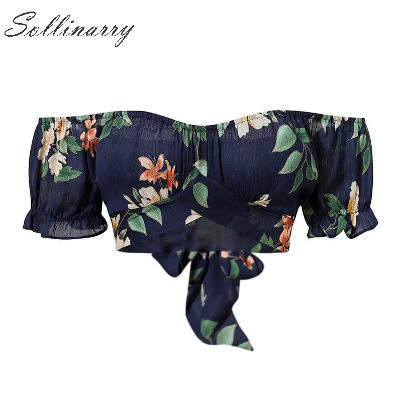 Sollinarry с открытыми плечами сексуальный топ и блузки для женщин Boho короткий рукав