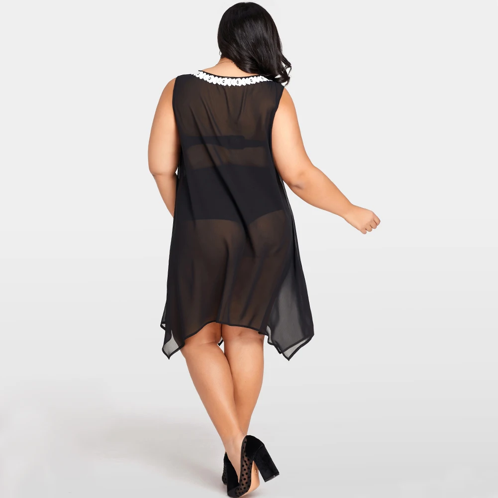 Romacci Crochet Lace Splice Transparent Dress Sexy Women Plus Size Chiffon Casual Sleeveless Beach Irregular Shift | Женская одежда