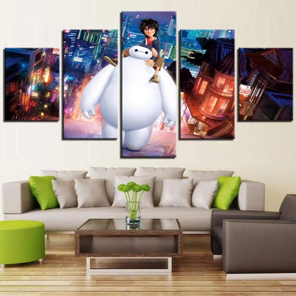 5 Pieces HD Cartoon Movie Big Hero in City Art Poster Frame Modern For Living Bedroom Kids Wall Decor Painting on Canvas | Дом и сад