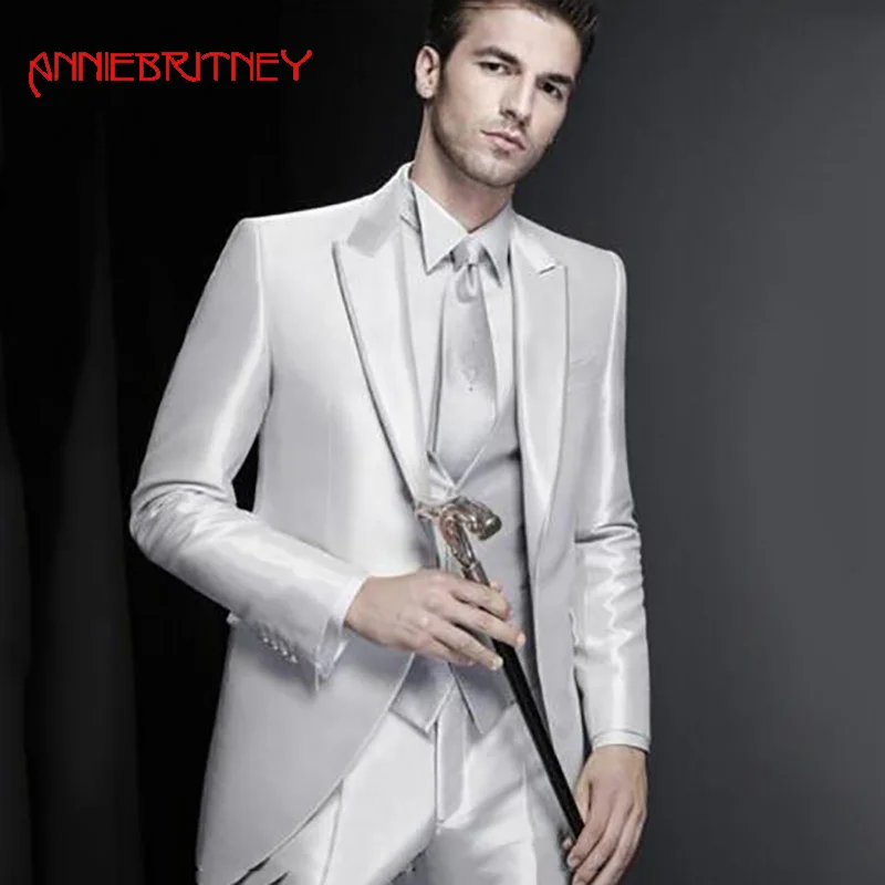 

Italian Shinny White Satin Men Suits for Wedding Peaked Lapel Slim Fit Tuxedo Groom Best Man Suit Blazers 3 Pieces Pants Vest