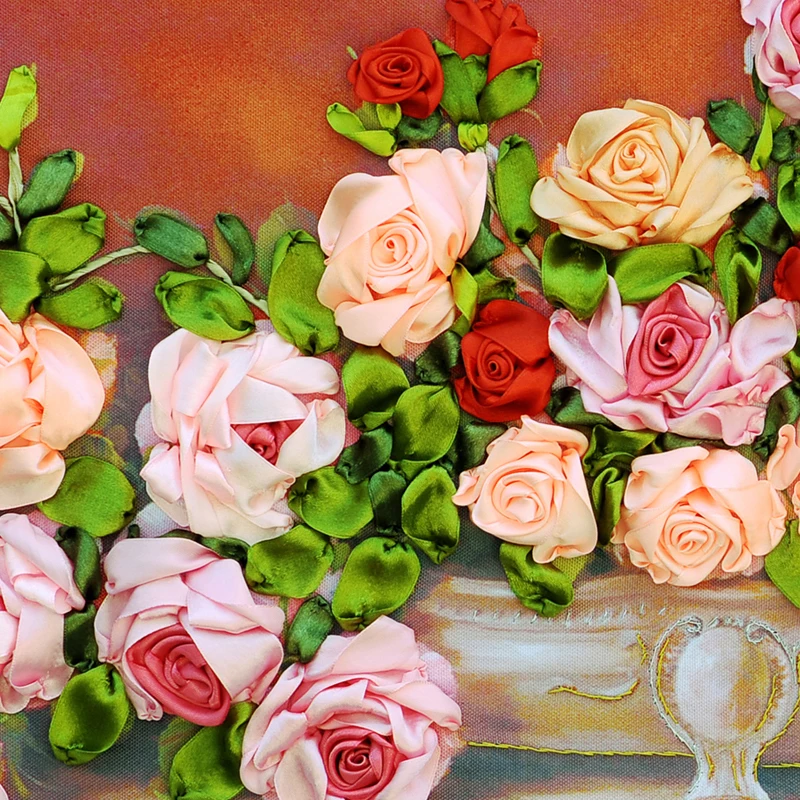 Ленточная вышивка DIY Рисование на холсте, цветные печатные цветы картина роза, рукоделие ремесла Набор для вышивания крестиком Настенный декор C-0094