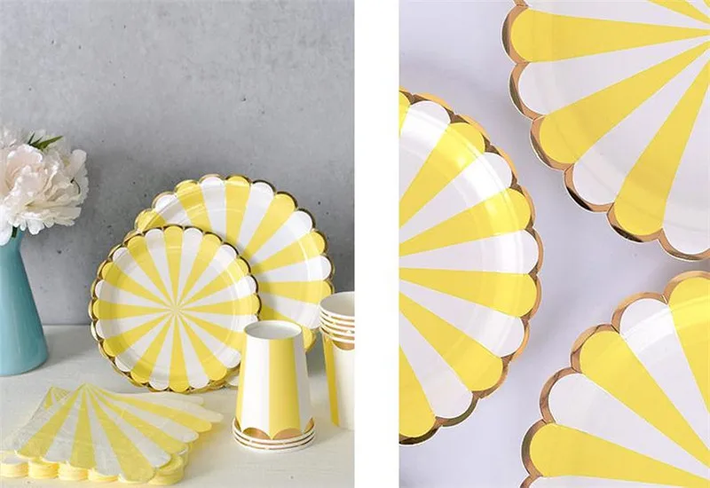 8pcs Yellow with Gold Party Plates Tableware 7&quot 9&quot Paper Wedding Birthday Baby Shower Dessert Table Supplies | Дом и сад