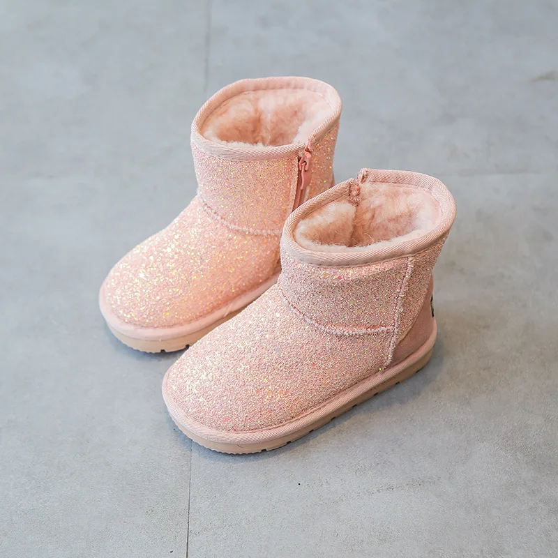 Новинка 2017 года зимние детские ботинки Детские кожаные с блестками для девочек