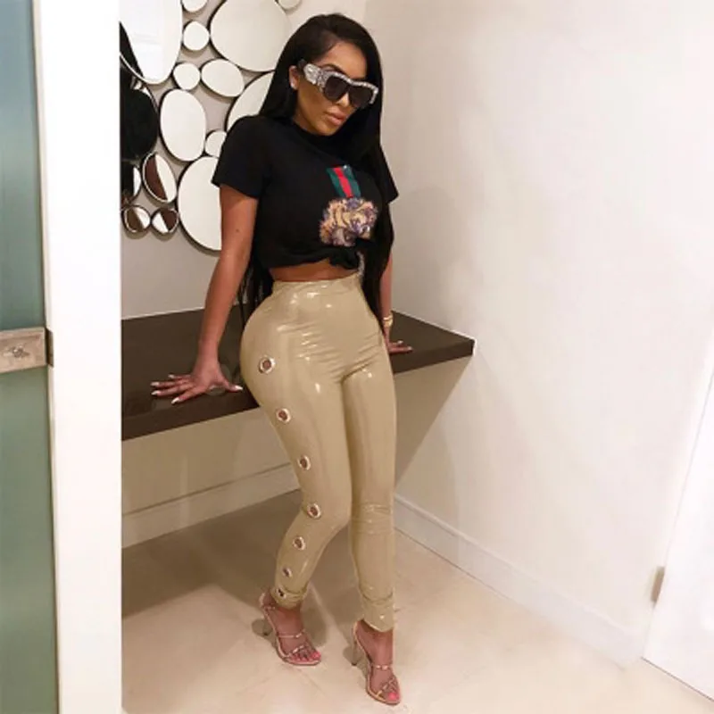 Новинка женские леггинсы кожаные из ПВХ с эффектом влажного вида черные