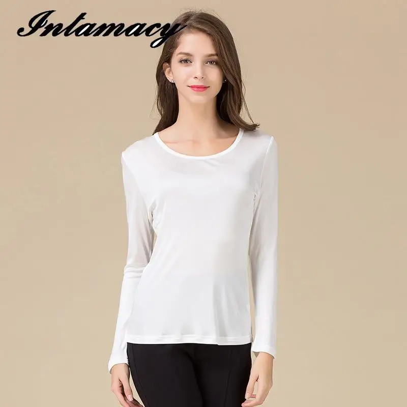 Осенняя новая шелковая двойная вязка Классическая футболка с длинным рукавом 100%