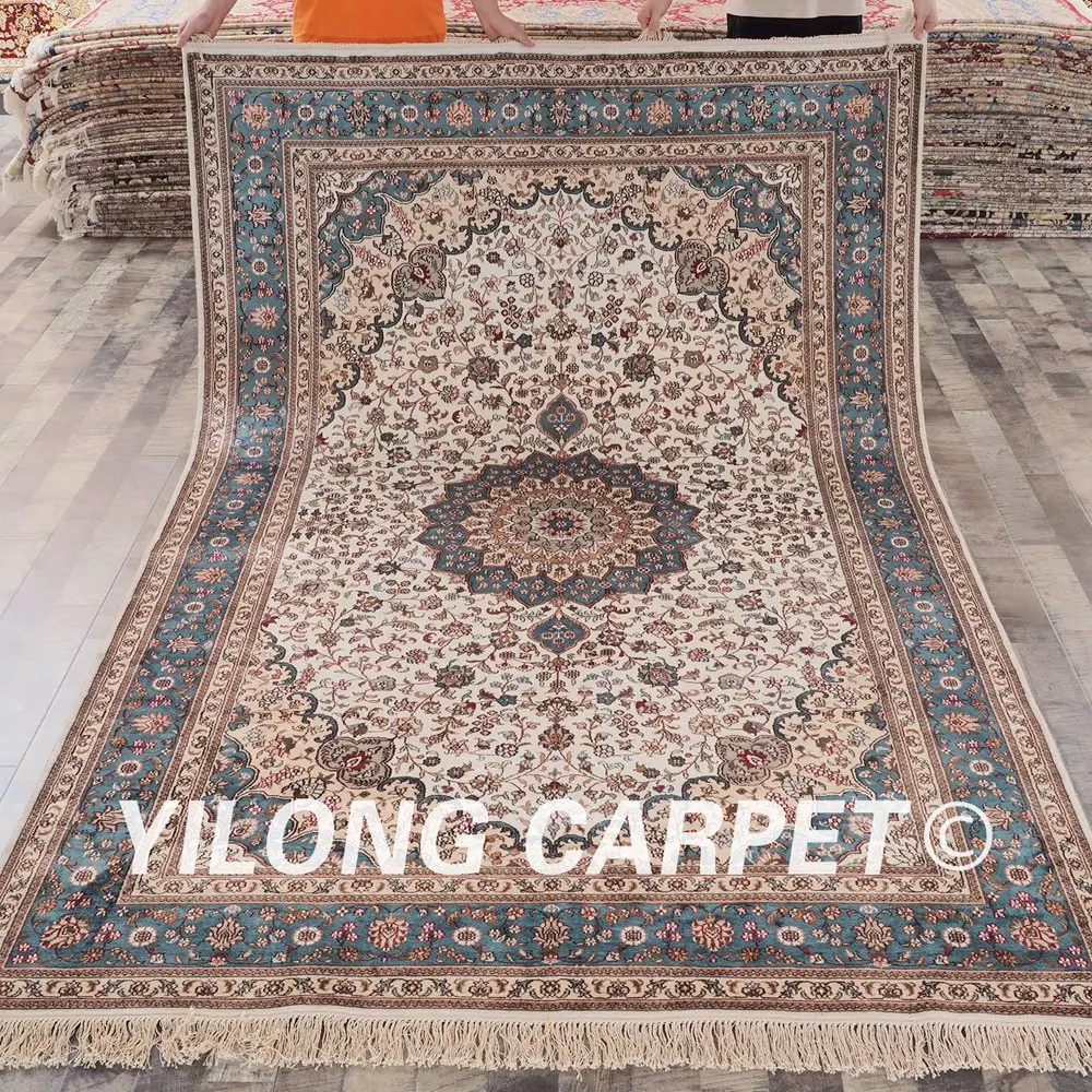 YILONG 6 'x 9' Восточный персидский шелковый ковер бежевый и синий Элегантный