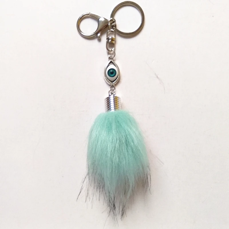 Искусственный мех енота помпон брелок для ключей из цинкового сплава с голубыми