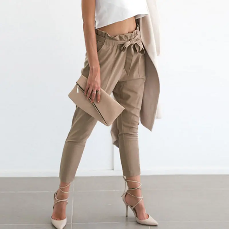 Женские модные повседневные брюки с высокой талией и бантиком на завязках тонкие