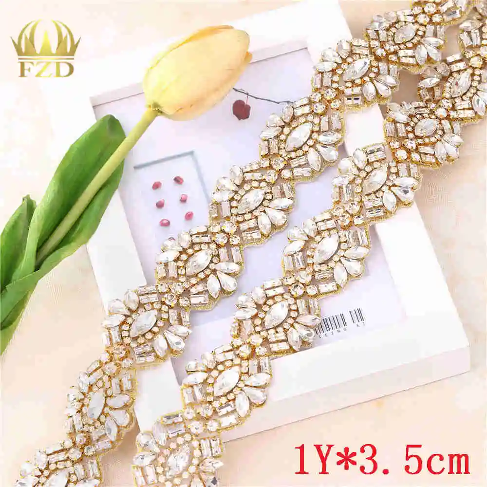 FA-1401 gold 1 ярд) бисером горячей фиксации Серебряный Прозрачный Bling пришить Кристалл Стразы Аппликация отделка для платья DIY свадебный пояс повязки на голову подвязки - Цвет: FA-1401 gold