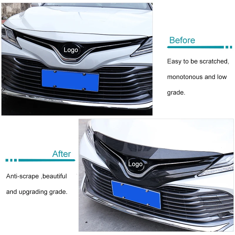 

QHCP ABS Car Front Engine Grille Trim Hood Cover Panel Carbon Fiber Style Exterior Decoration Strip Fit For Toyota Camry 2018